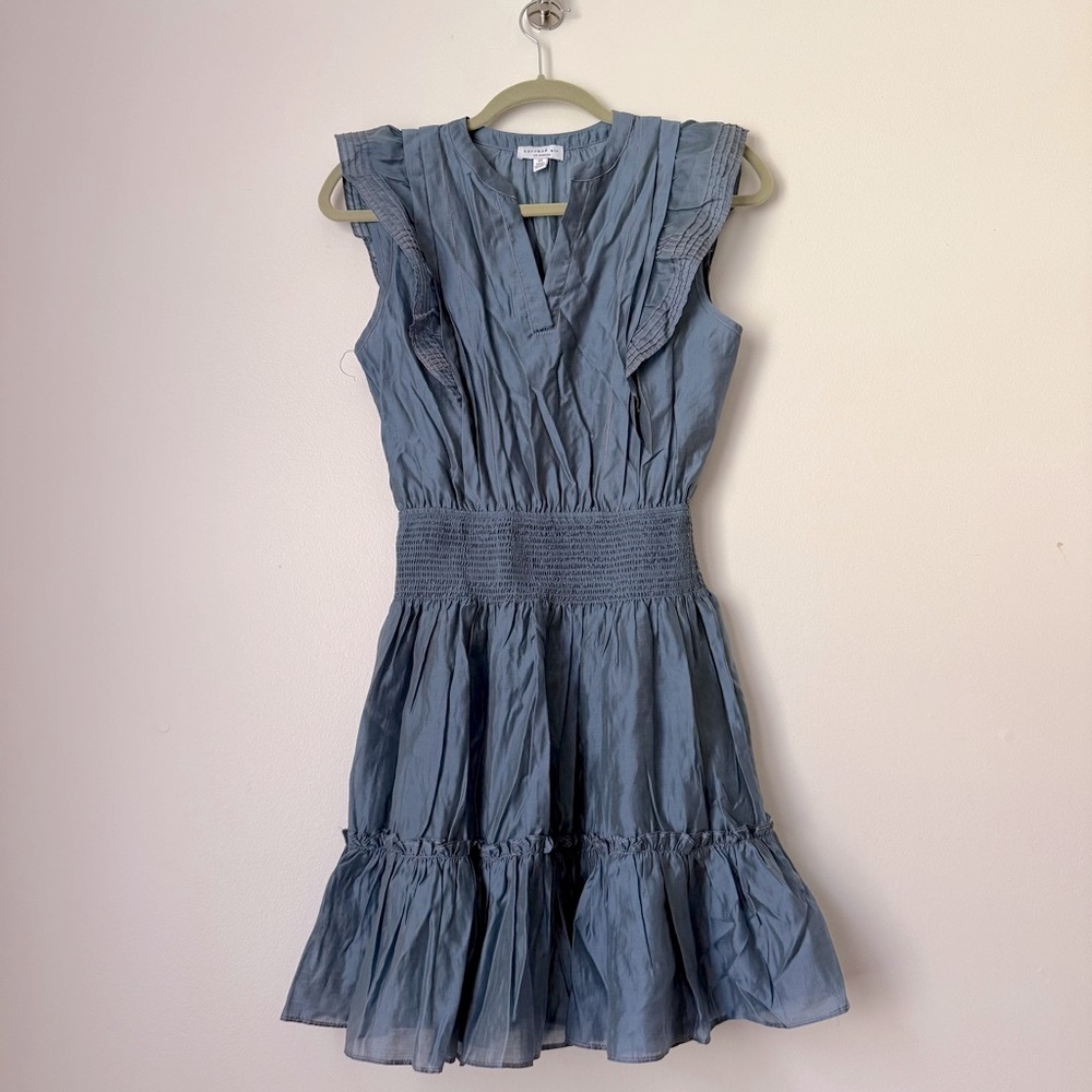 NWOT Current Air Dusty Blue Pleated Tiered Mini Dress with Ruffles, XS